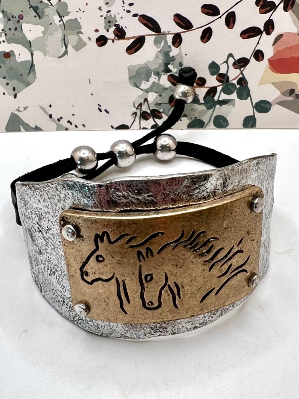 Horse Sketch Plaque Mixed Metals Bracelet